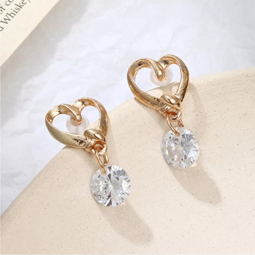 Gold Heart Earrings with Crystals NEW - Picture 2 of 14
